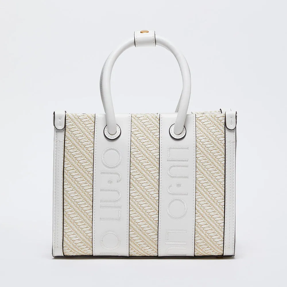 Borsa Donna a Mano LIU JO in Rafia con Logo Ricamato Off White