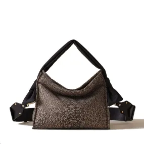 Borsa Donna Hobo Small BORBONESE linea Lover in Tessuto stampa Op Naturale e Nero