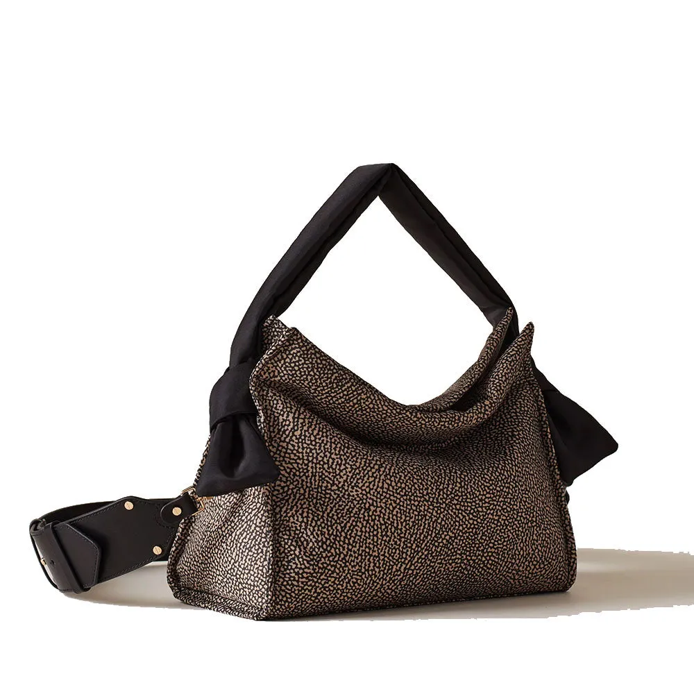 Borsa Donna Hobo Small BORBONESE linea Lover in Tessuto stampa Op Naturale e Nero