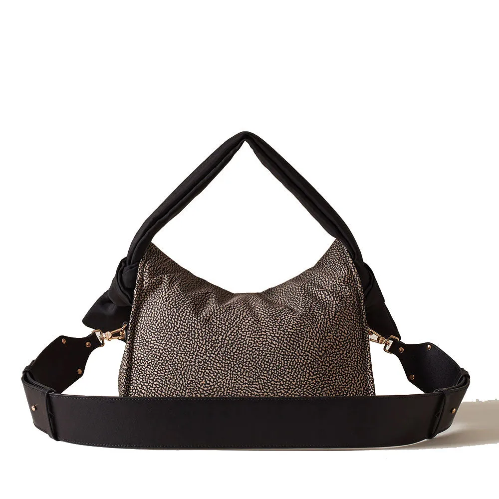 Borsa Donna Hobo Small BORBONESE linea Lover in Tessuto stampa Op Naturale e Nero