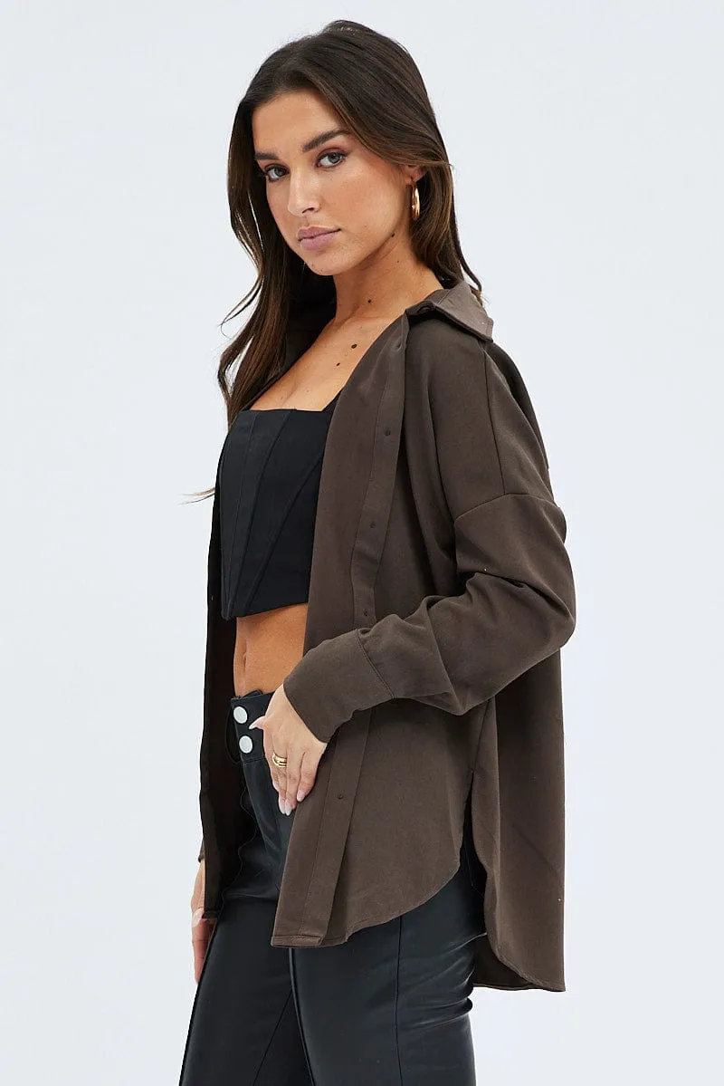 Brown Shirt Long Sleeve Collared Oversized Button Up