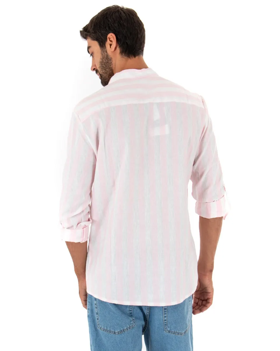 Camicia Uomo Collo Coreano Manica Lunga Lino Rigata Rosa GIOSAL-C2344A