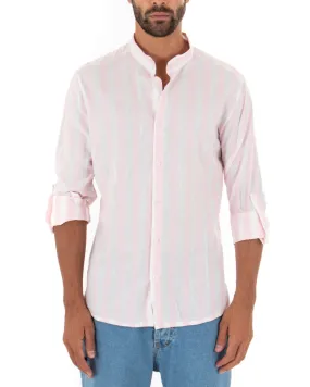 Camicia Uomo Collo Coreano Manica Lunga Lino Rigata Rosa GIOSAL-C2344A