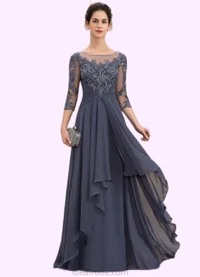 Camille A-Line Scoop Neck Floor-Length Chiffon Lace Mother of the Bride Dress With Cascading Ruffles STK126P0014550