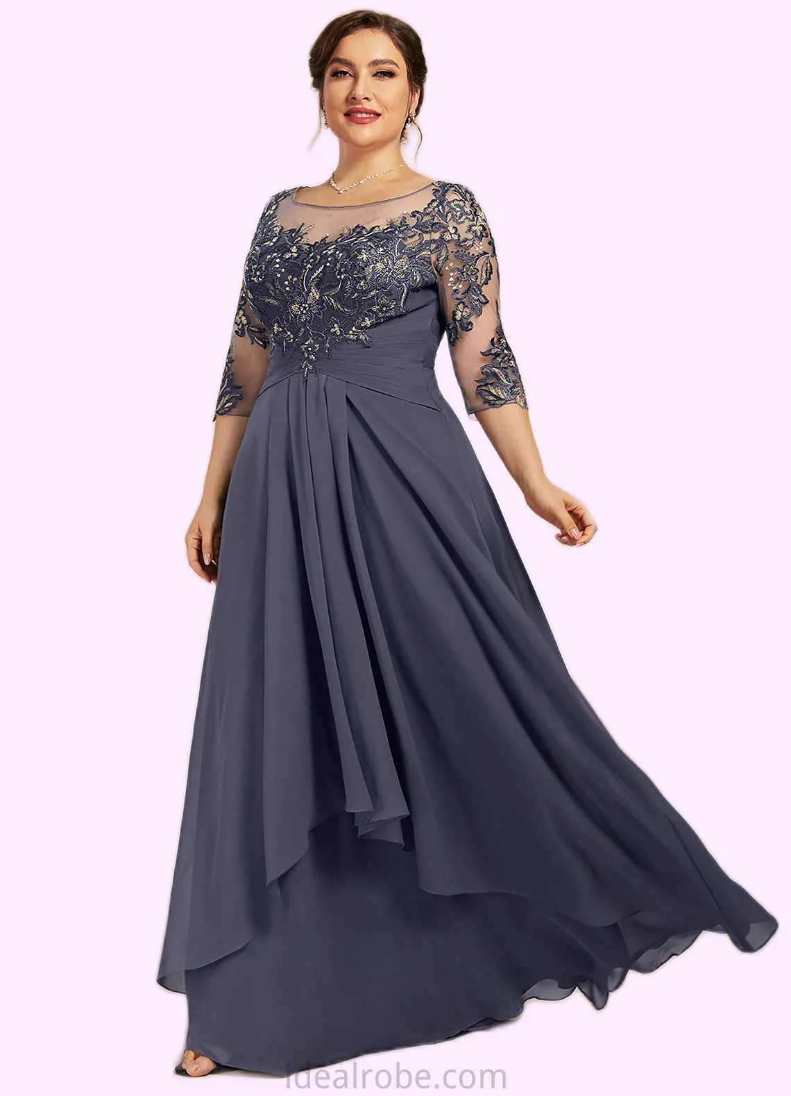 Camille A-Line Scoop Neck Floor-Length Chiffon Lace Mother of the Bride Dress With Cascading Ruffles STK126P0014550