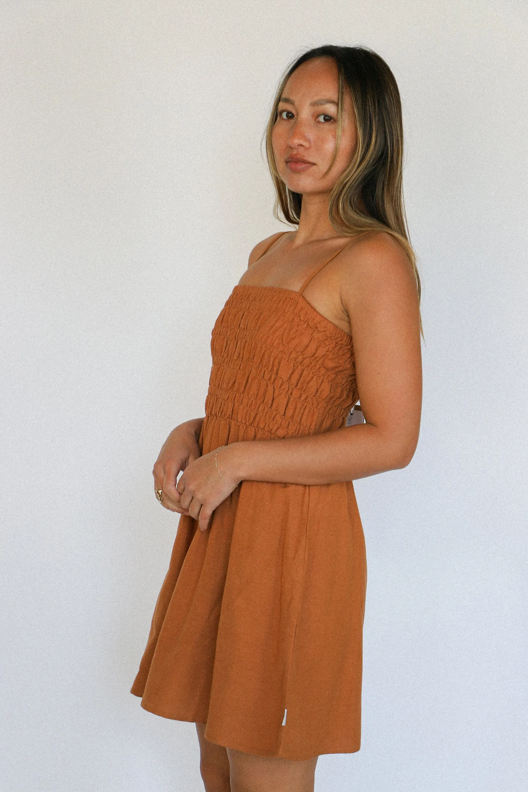 Caramel Classic Shirred Mini Dress