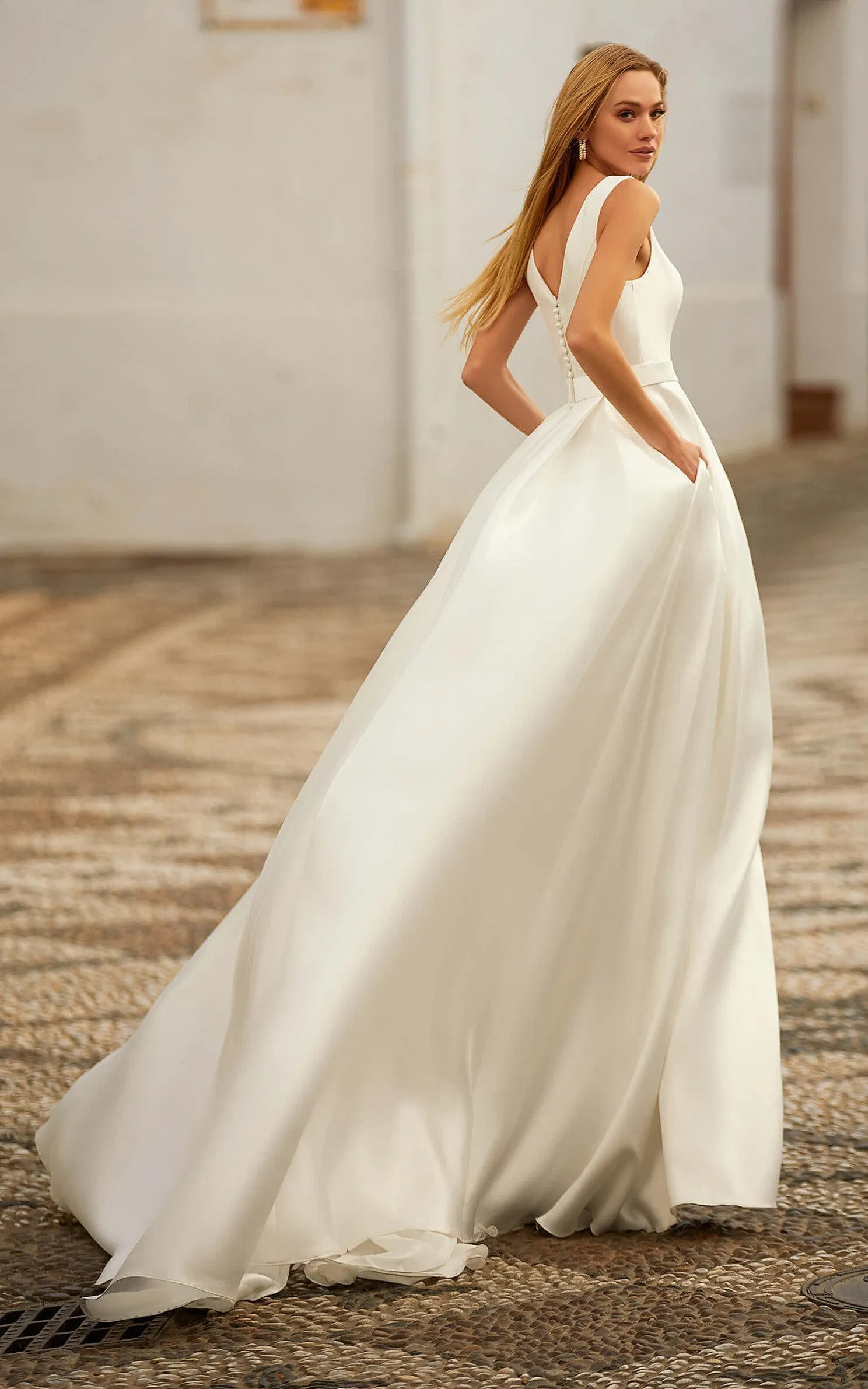 Casual A Line V-neck Satin Court Train Wedding Dress with Pockets-716101