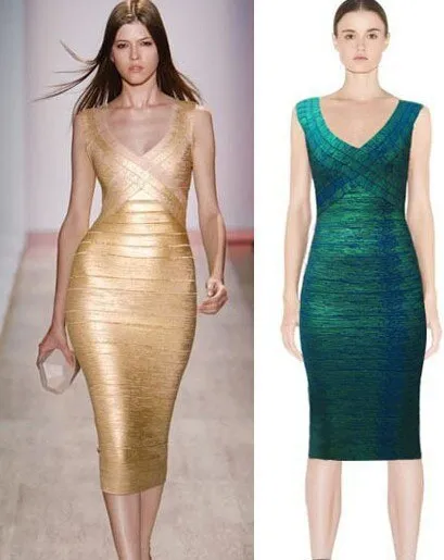 Celebrity New High Quality HL Gold Green Stretch Rayon Bandage Dress Evening Party Dress Vestidos