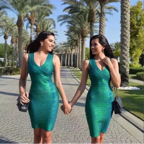 Celebrity New High Quality HL Gold Green Stretch Rayon Bandage Dress Evening Party Dress Vestidos