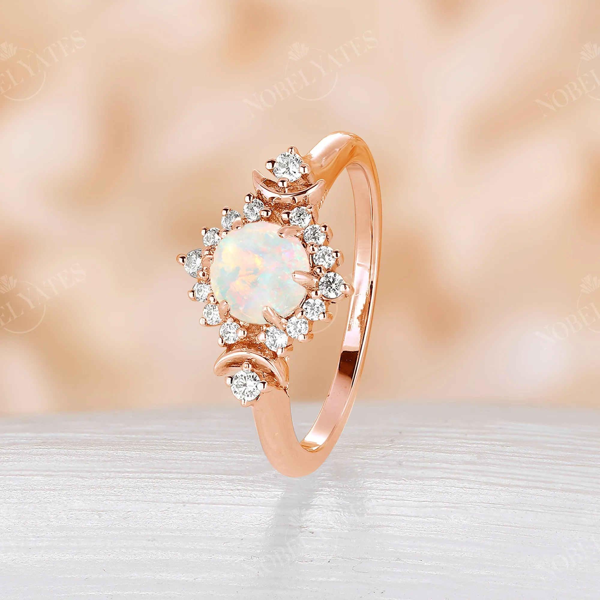 Celestial Moon White Opal Rose Gold Halo Engagement Ring