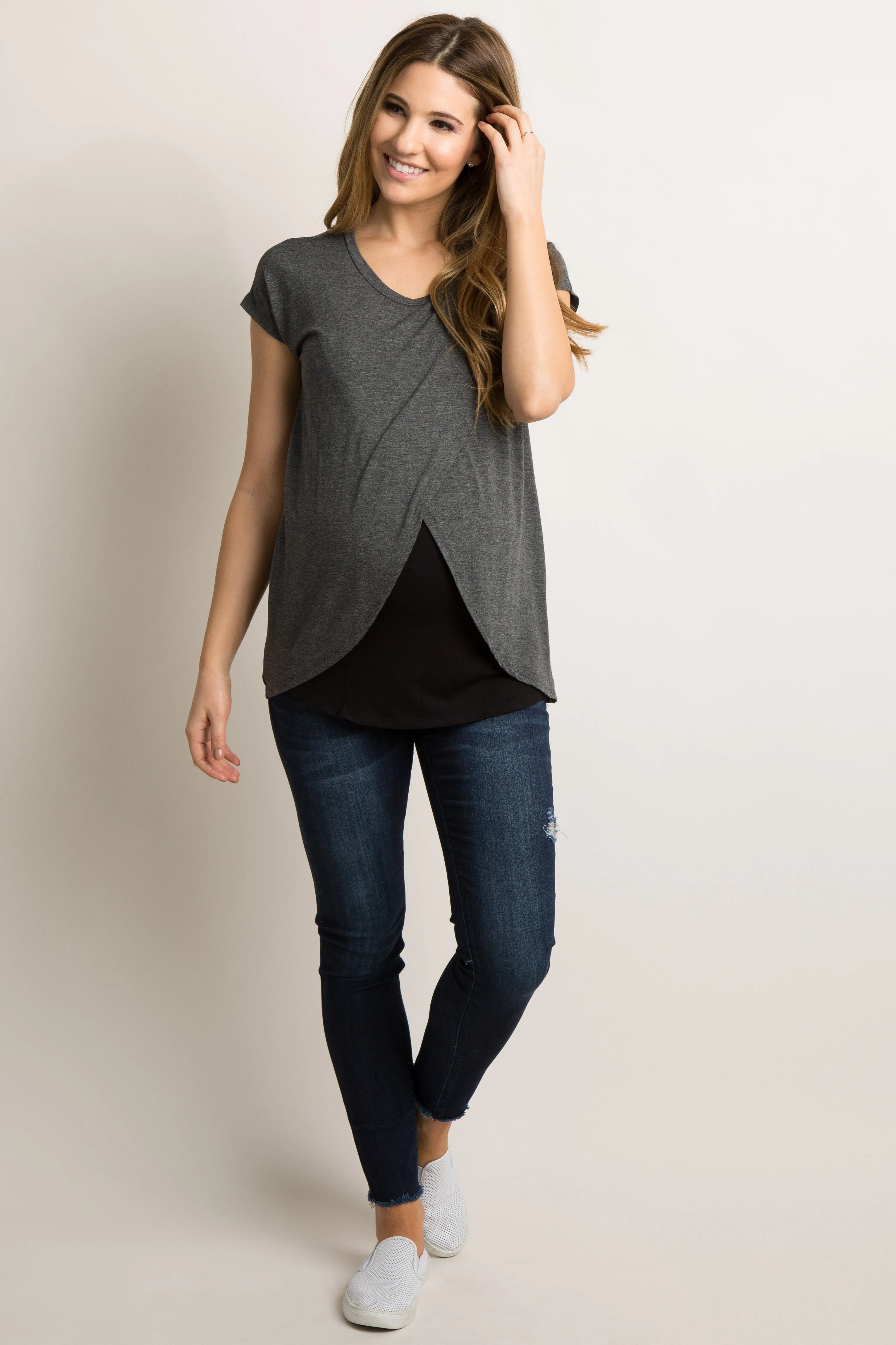 Charcoal Grey Layered Wrap Front Maternity/Nursing Top