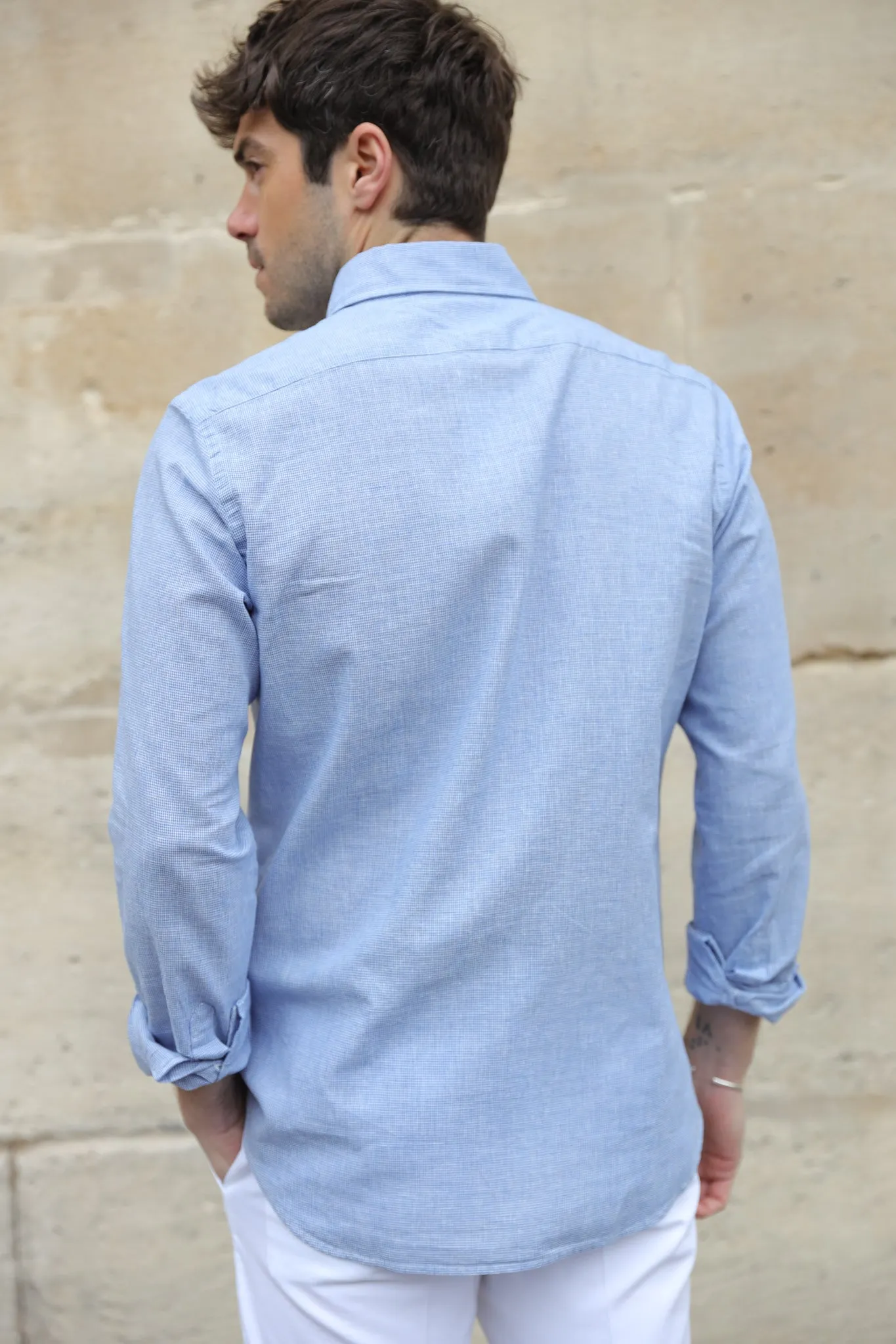 Chemise Clovis en coton & lin - Pied de puce bleu