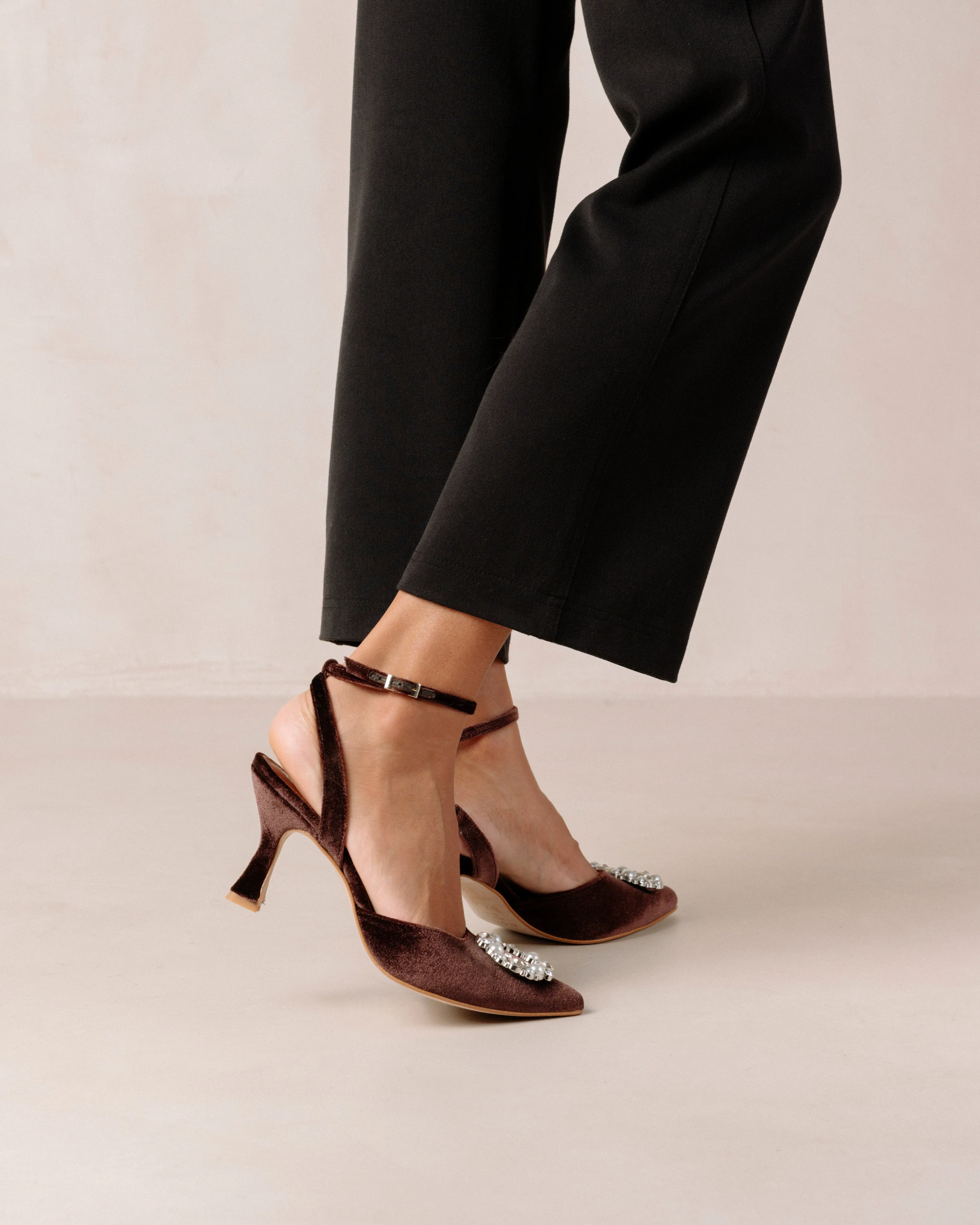 Cinderella Crystal Velvet Coffee Brown Pumps