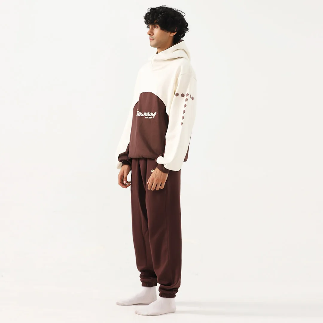 Cinnamon Cream Oversized Boxy Funnel Spliced Hoodie