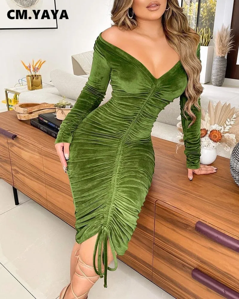 CM.YAYA Women Velvet Drawstring Ruched Up Off Shoulder Long Sleeve Bodycon Midi Dress Sexy Party Club Night Pencil Dresses