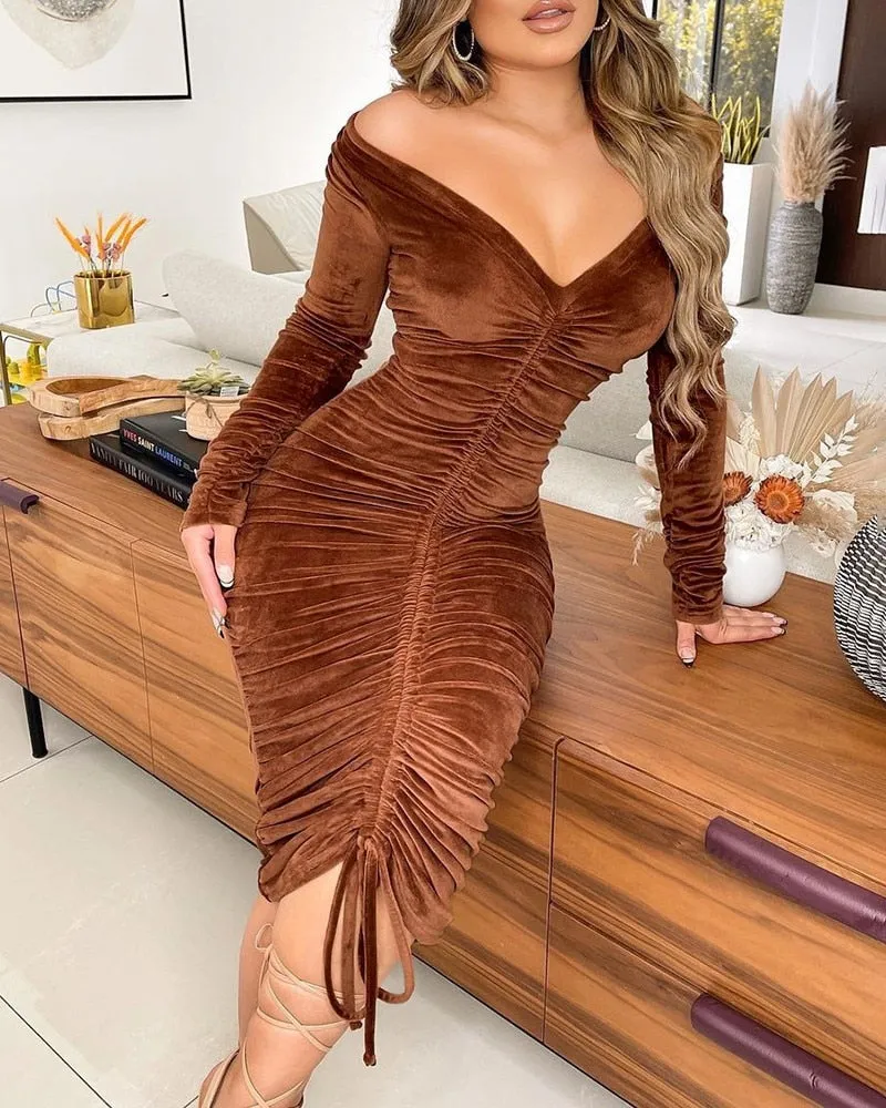 CM.YAYA Women Velvet Drawstring Ruched Up Off Shoulder Long Sleeve Bodycon Midi Dress Sexy Party Club Night Pencil Dresses