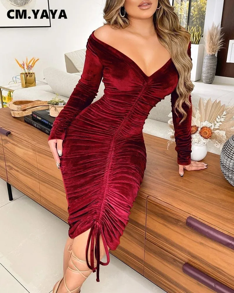 CM.YAYA Women Velvet Drawstring Ruched Up Off Shoulder Long Sleeve Bodycon Midi Dress Sexy Party Club Night Pencil Dresses