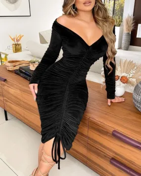 CM.YAYA Women Velvet Drawstring Ruched Up Off Shoulder Long Sleeve Bodycon Midi Dress Sexy Party Club Night Pencil Dresses