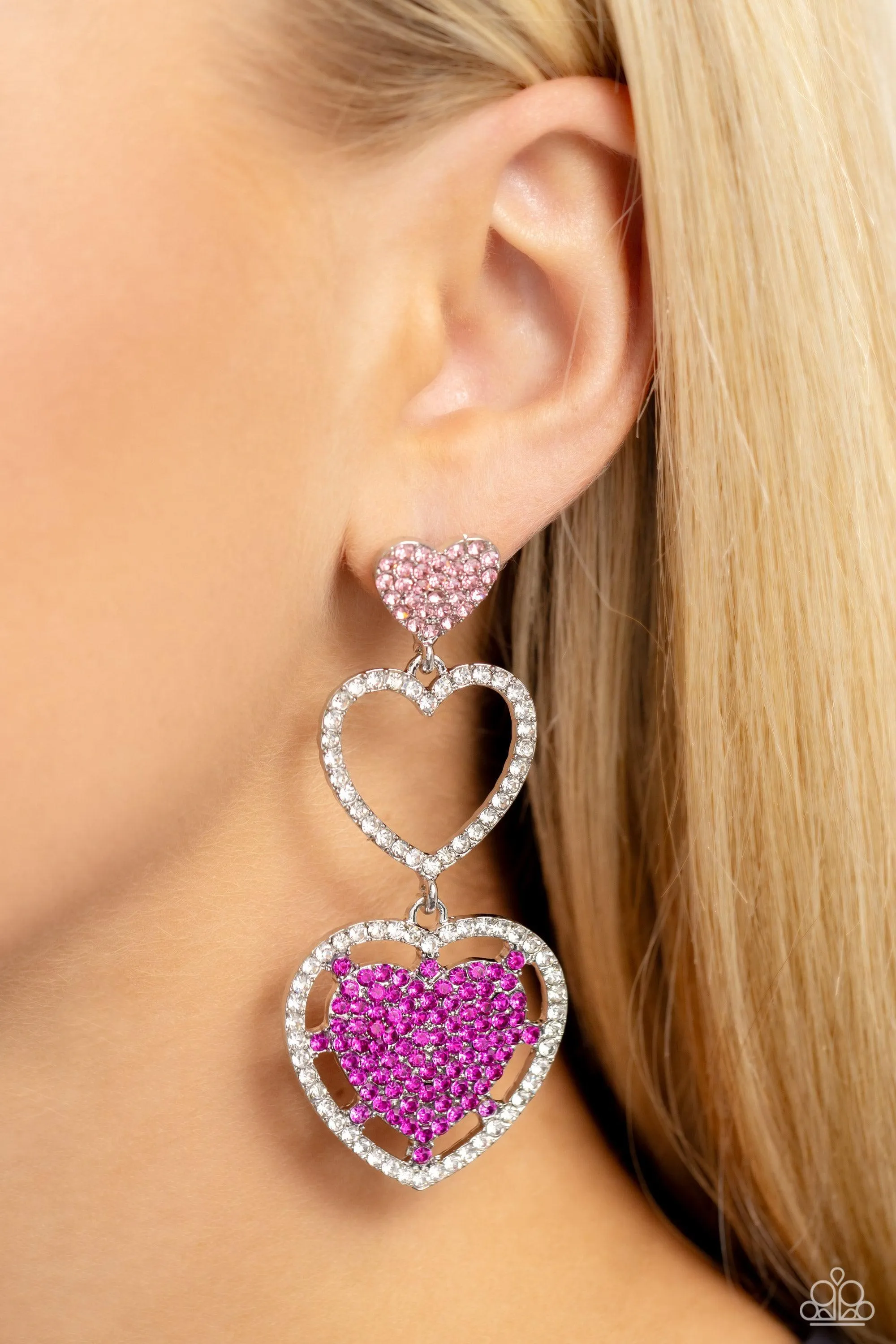 Couples Celebration Pink Rhinestone Heart Earrings - Paparazzi Accessories