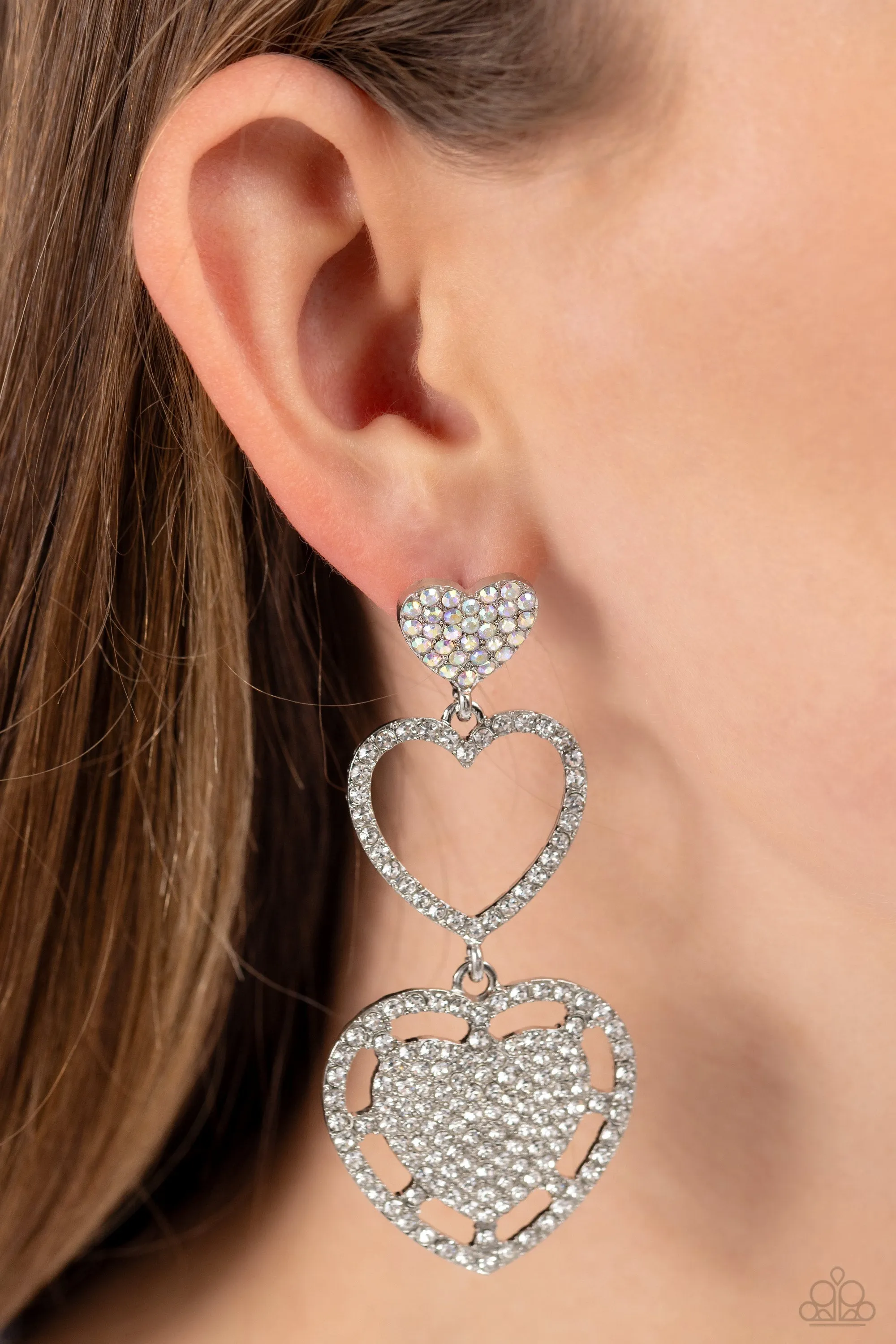 Couples Celebration White Rhinestone Heart Earrings - Paparazzi Accessories