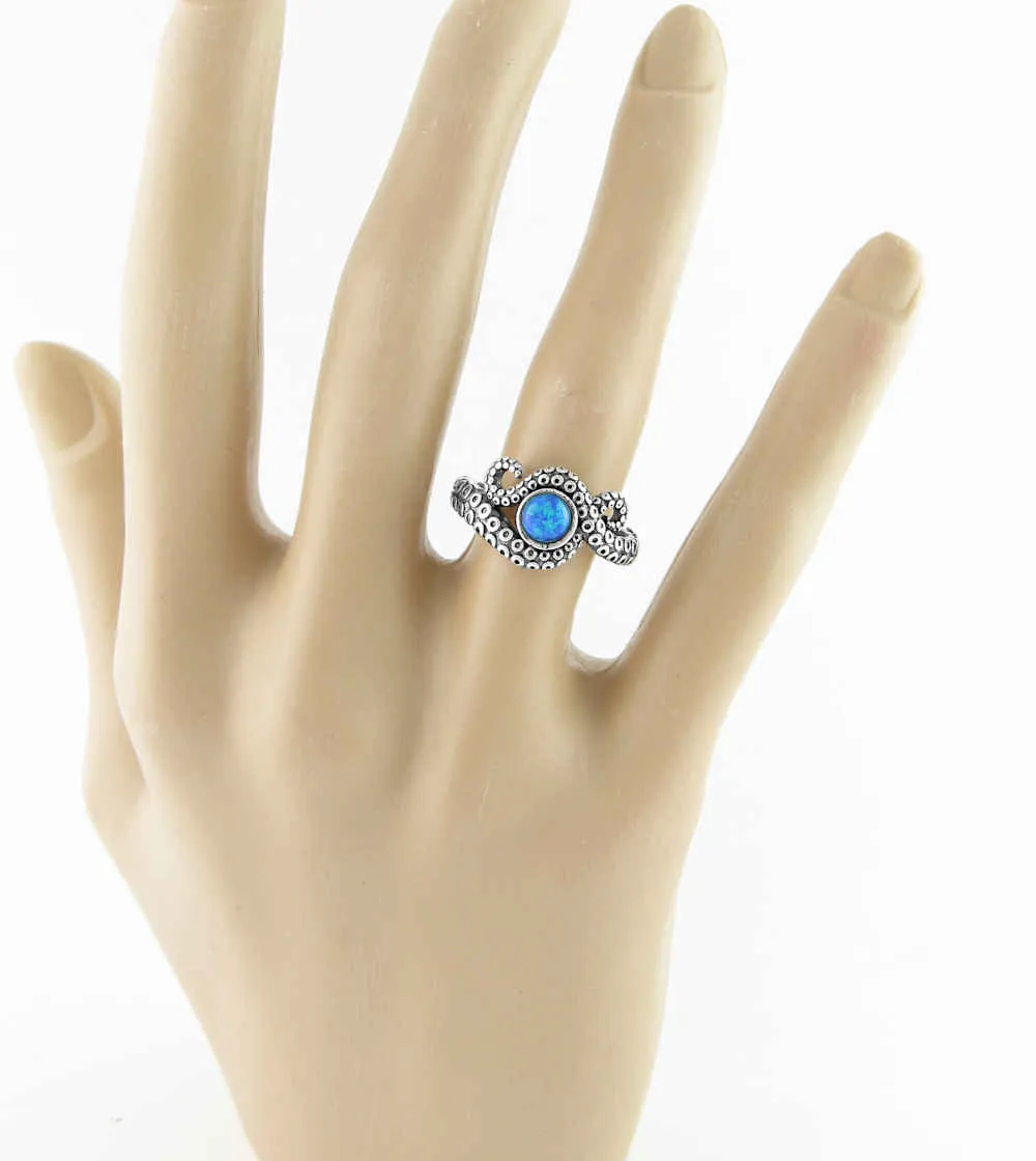 Curling Octopus Tentacles Ring With Blue Lab Opal