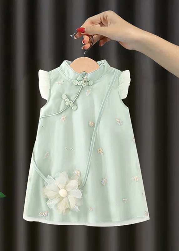 Cute Green Embroideried Button Girls Long Dresses Summer MN017