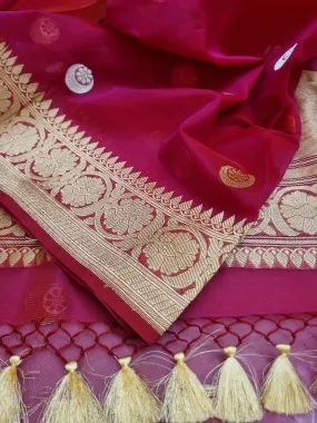 Dark Red Magenta Color Pure Kora Organza Banarasi Saree