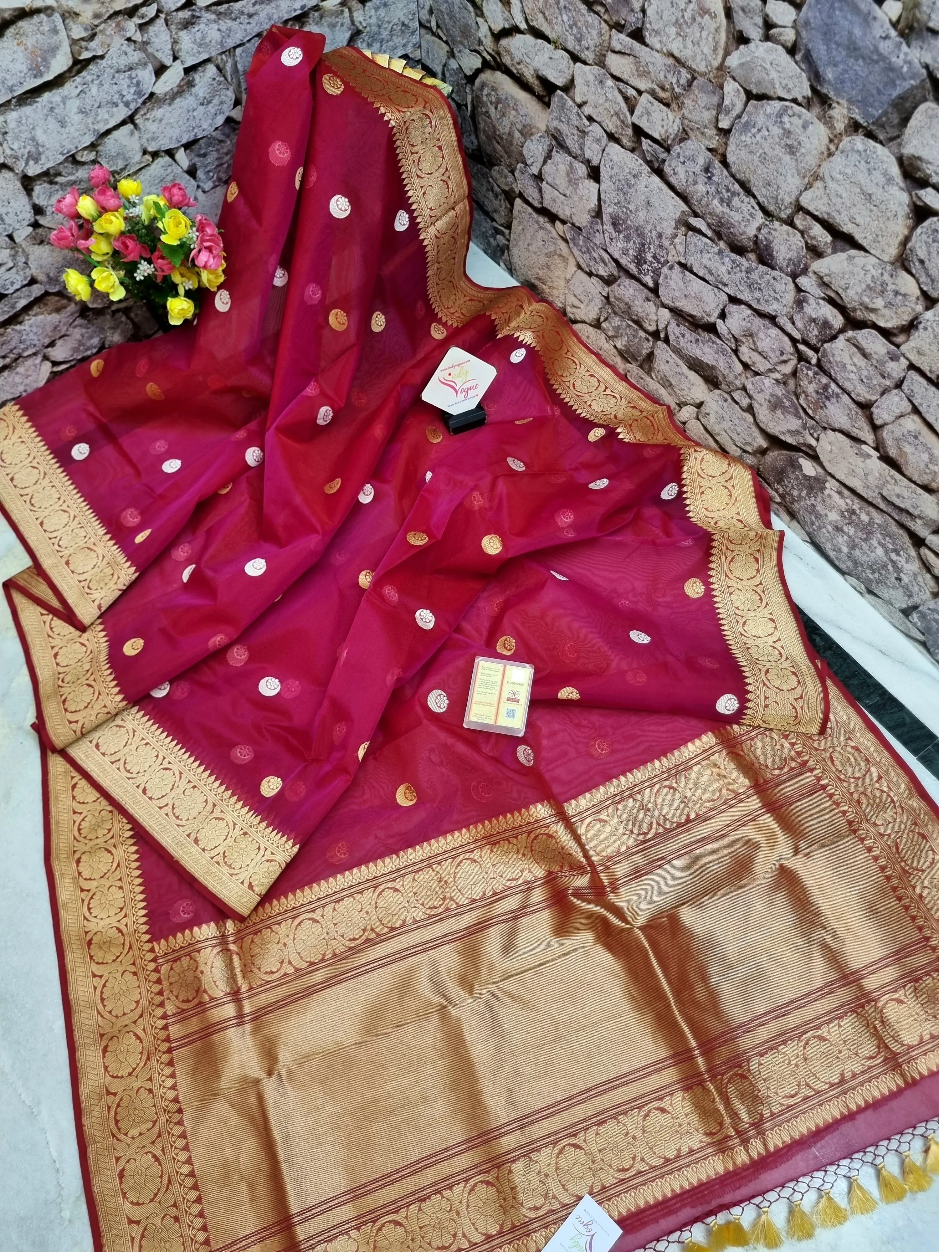 Dark Red Magenta Color Pure Kora Organza Banarasi Saree