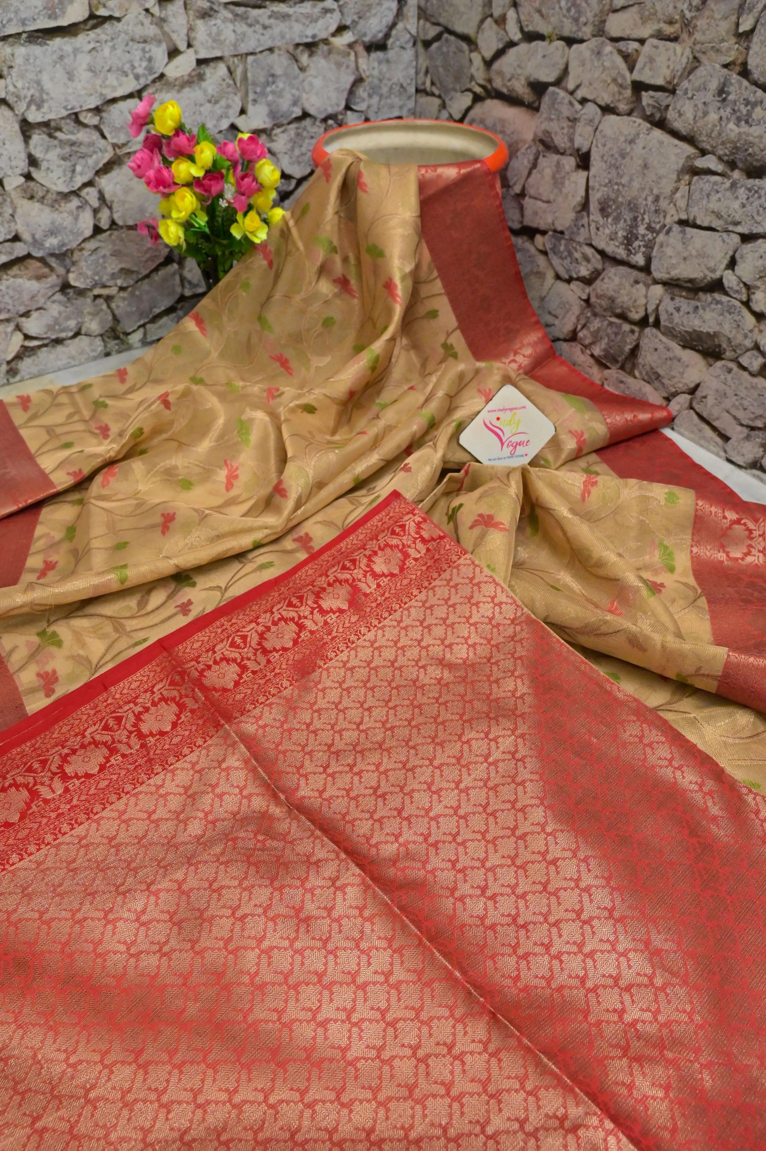 Dirt Golden Color Tissue Banarasi Saree with Allover Jaal Work