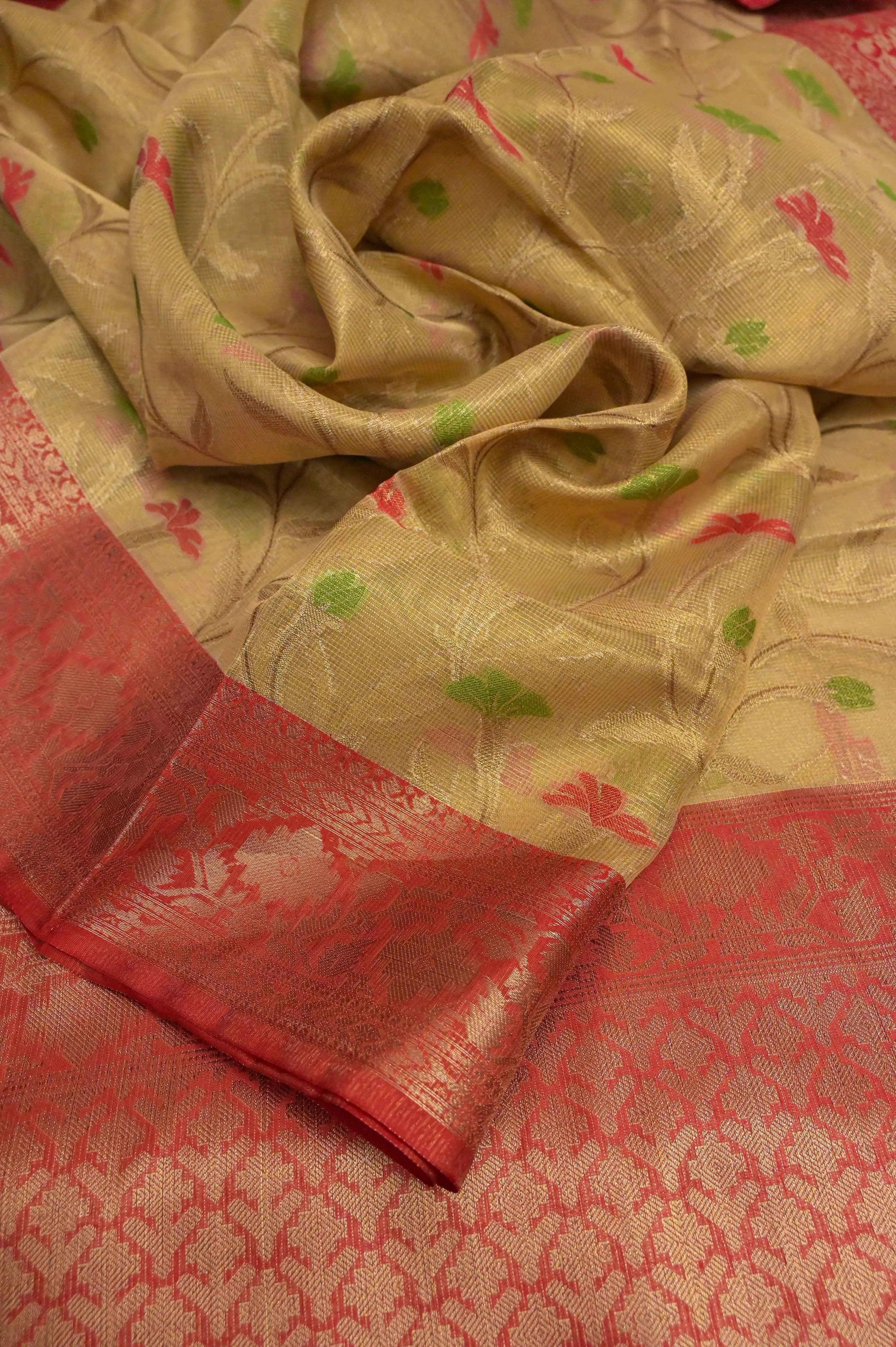 Dirt Golden Color Tissue Banarasi Saree with Allover Jaal Work