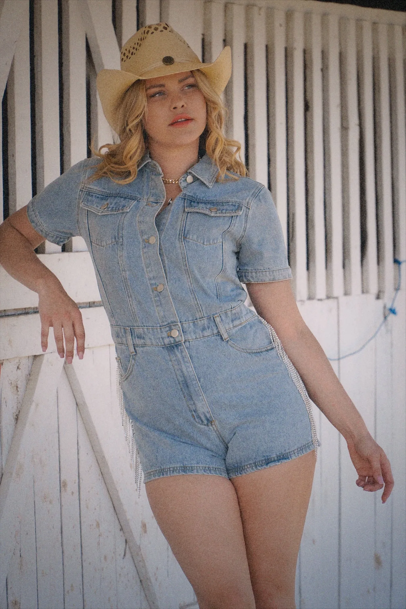 Dripping Rhinestones Denim Romper