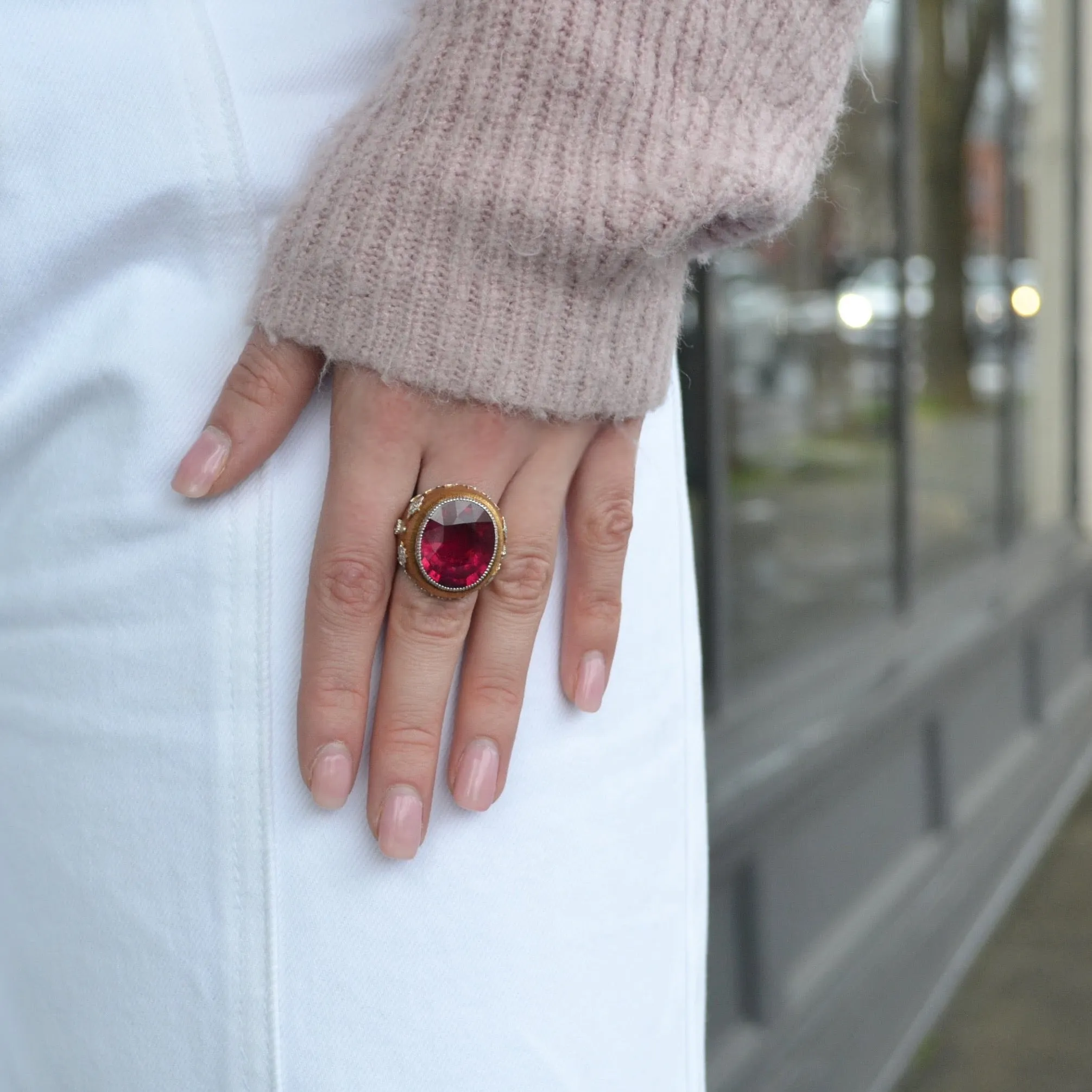 Eclat Jewels - One of a Kind Cocktail Ring with Rubellite and Diamonds, 18k Yellow Gold