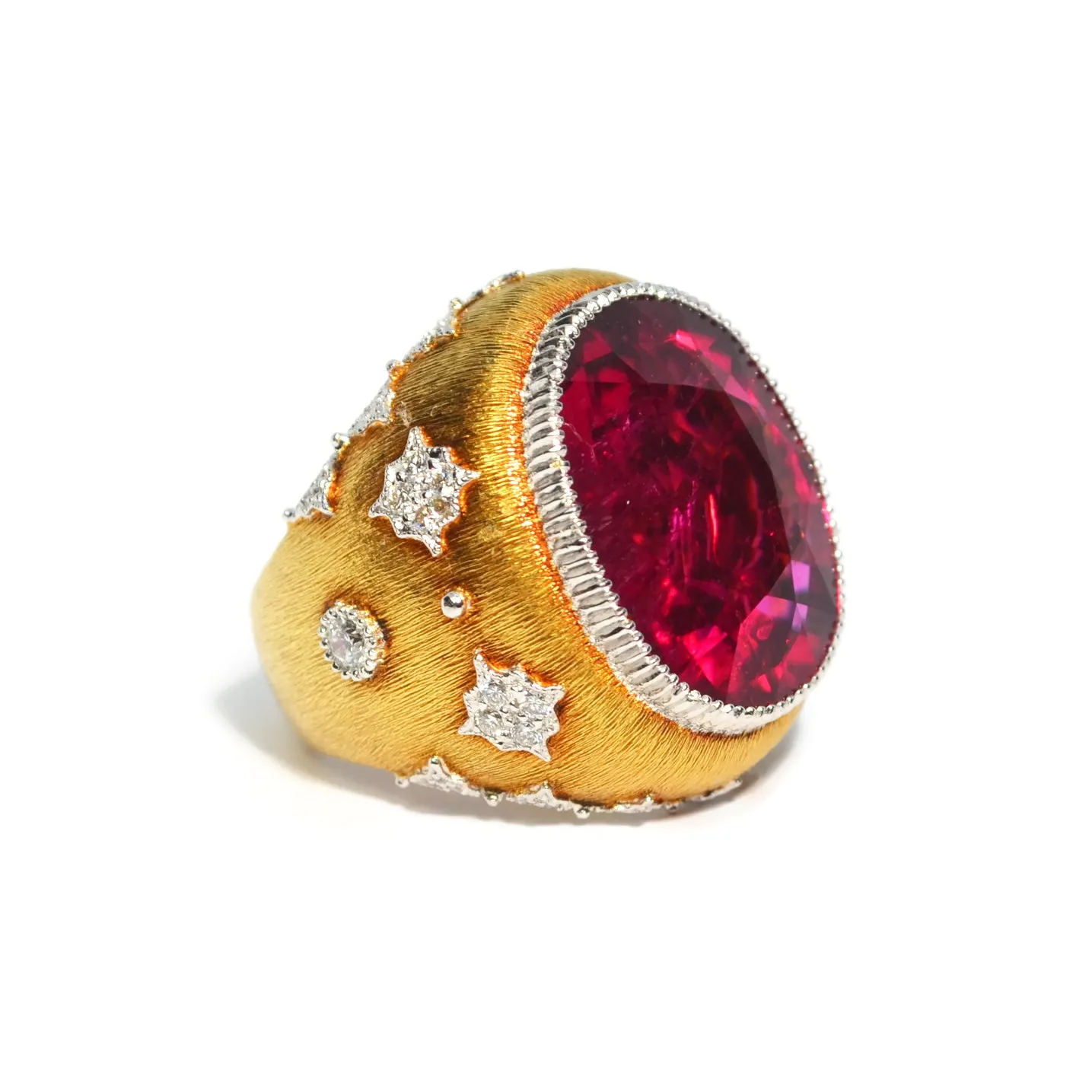 Eclat Jewels - One of a Kind Cocktail Ring with Rubellite and Diamonds, 18k Yellow Gold