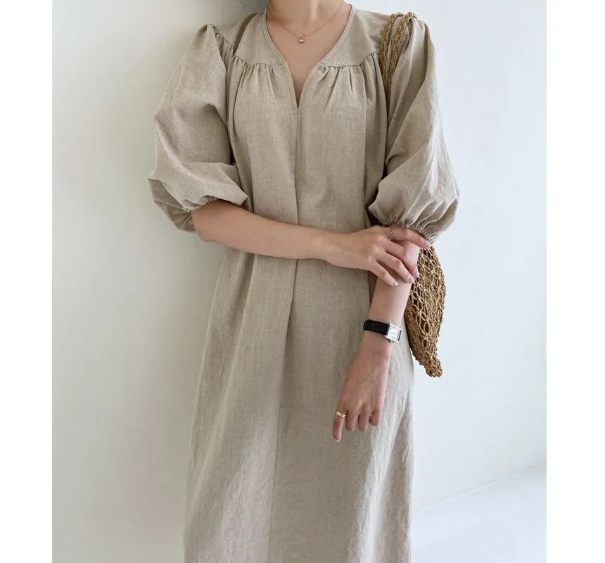 Elbow-Sleeve V-Neck Plain Linen Midi A-Line Dress aa1