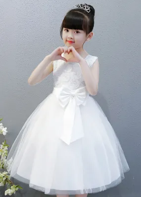 Elegant White O-Neck Floral Bow Tulle Kids Long Gowns Dress Sleeveless XZ048