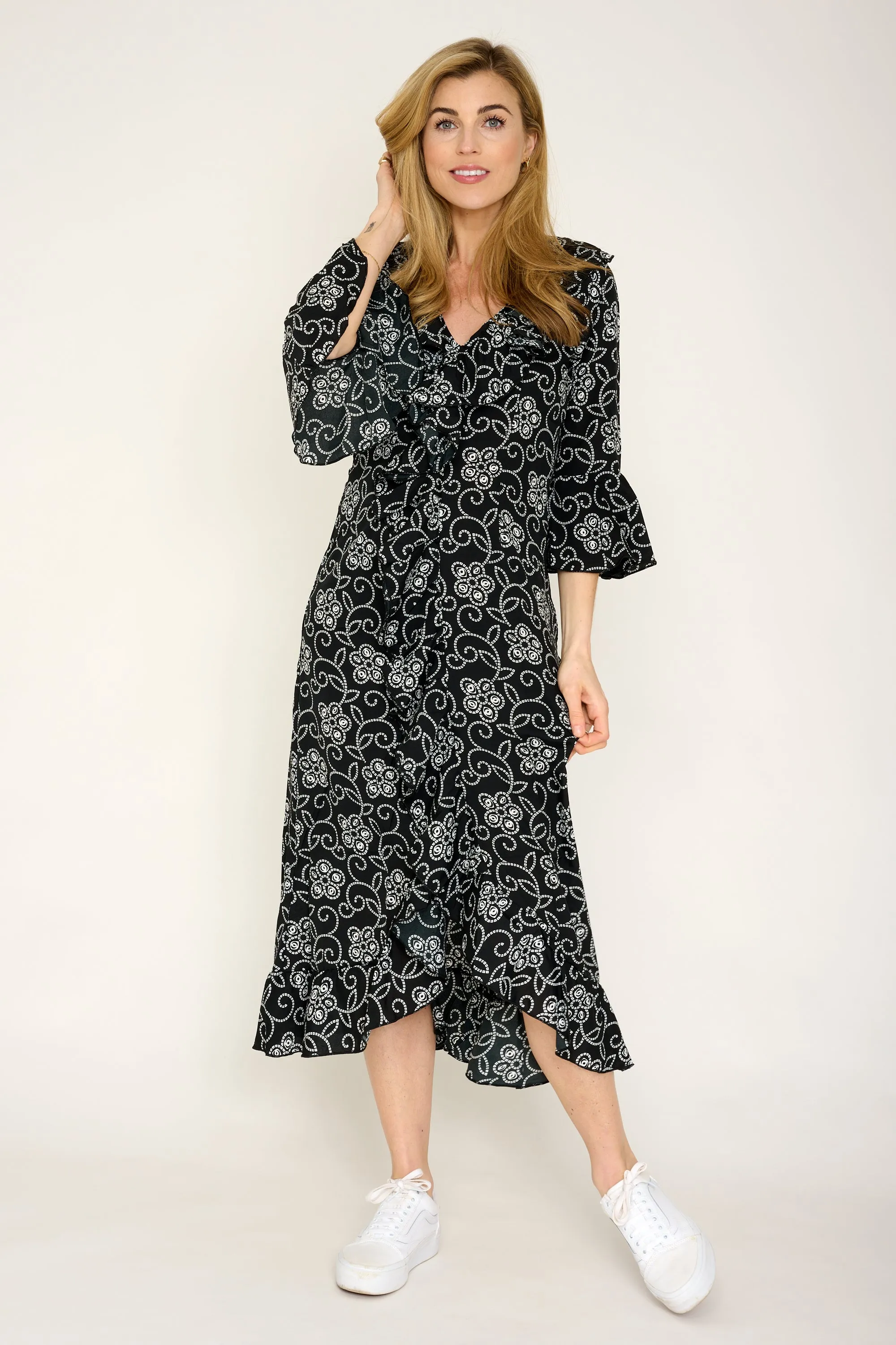 Felicity Midi Dress in Black & White Floral