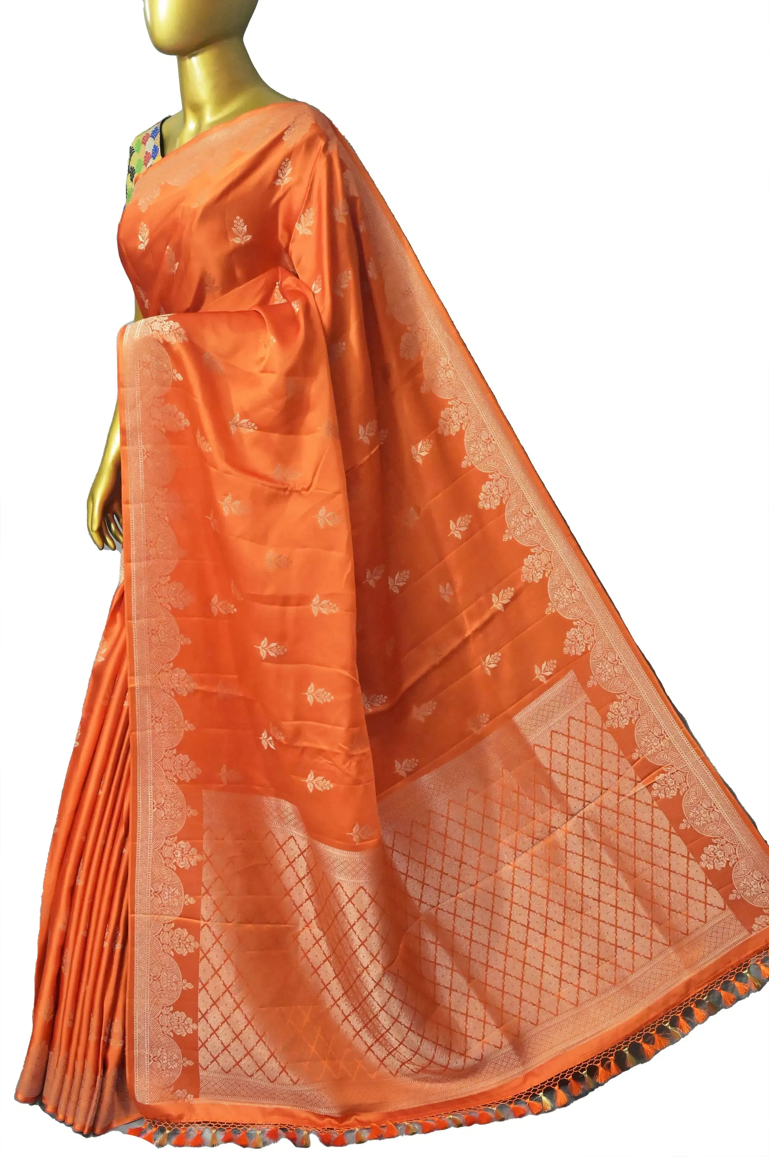 Fire Orange Color Mashru Banarasi Saree with Silver Zari Work