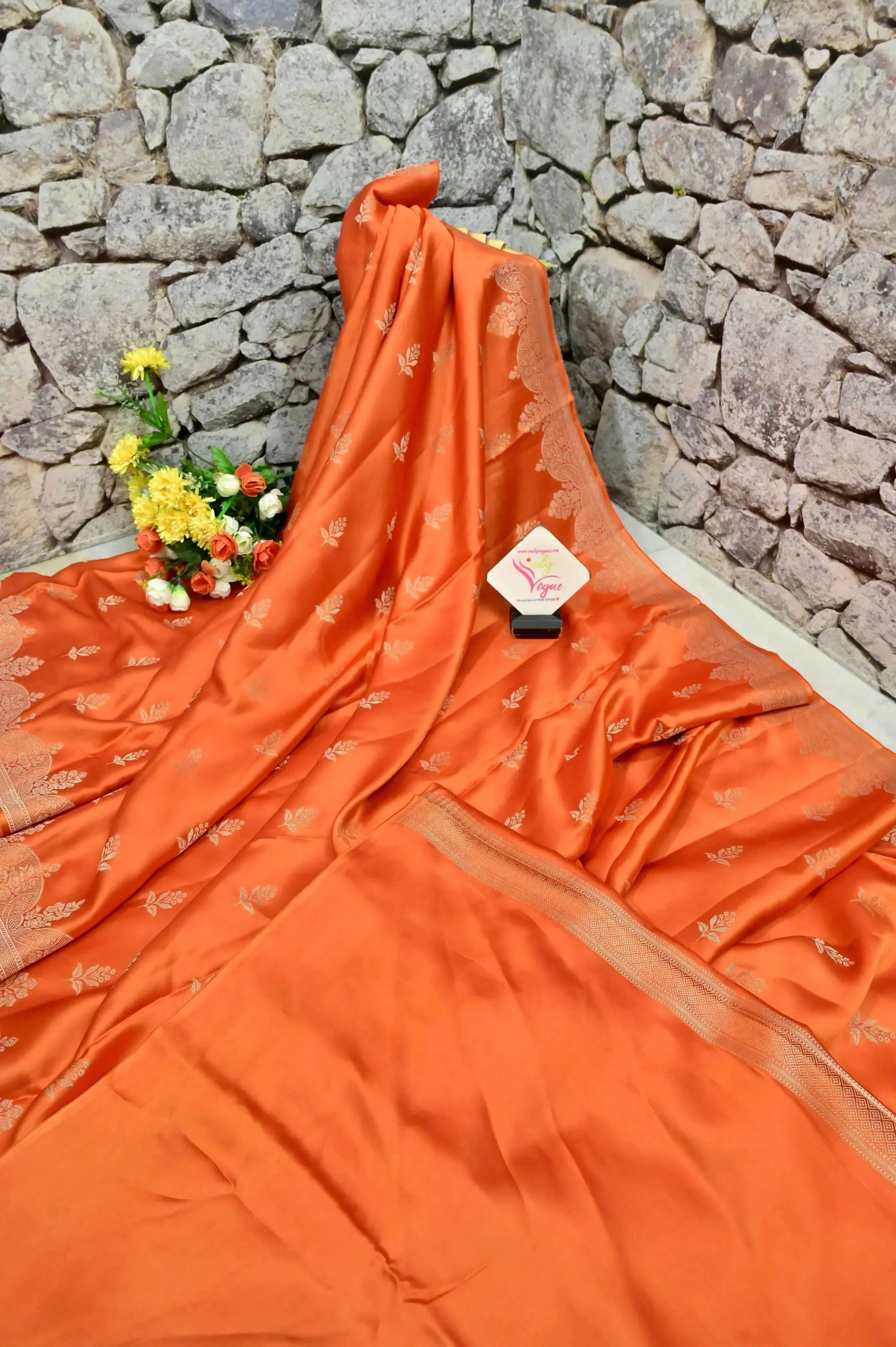 Fire Orange Color Mashru Banarasi Saree with Silver Zari Work