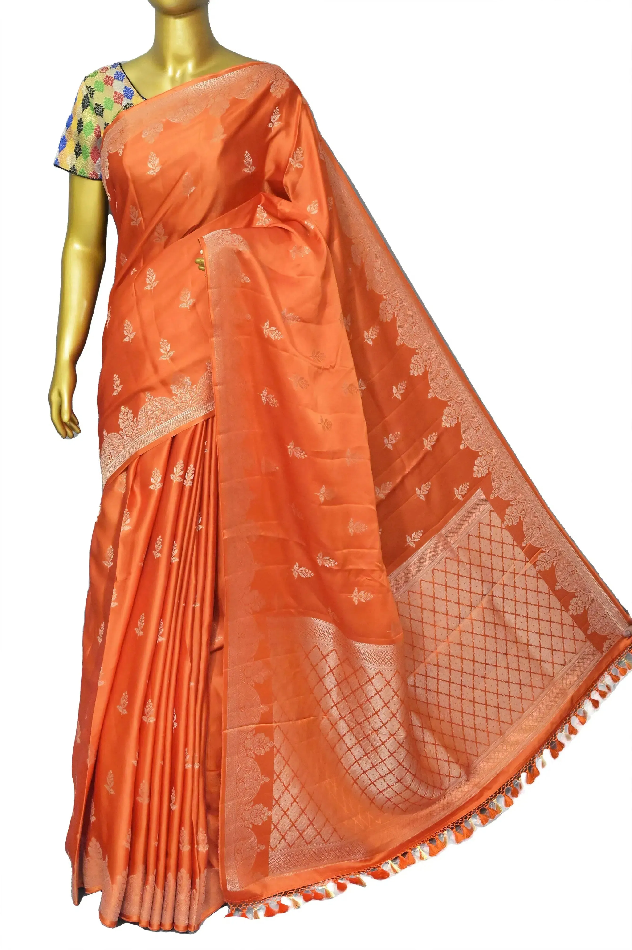 Fire Orange Color Mashru Banarasi Saree with Silver Zari Work