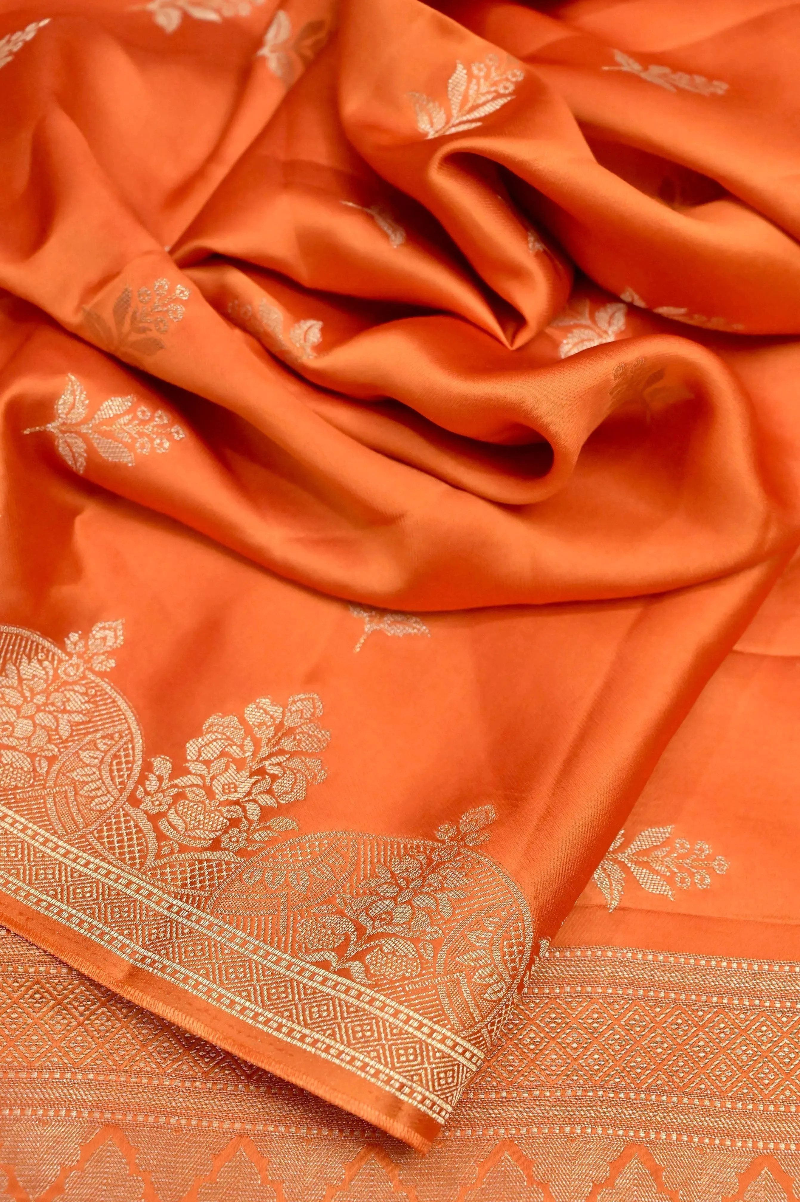 Fire Orange Color Mashru Banarasi Saree with Silver Zari Work