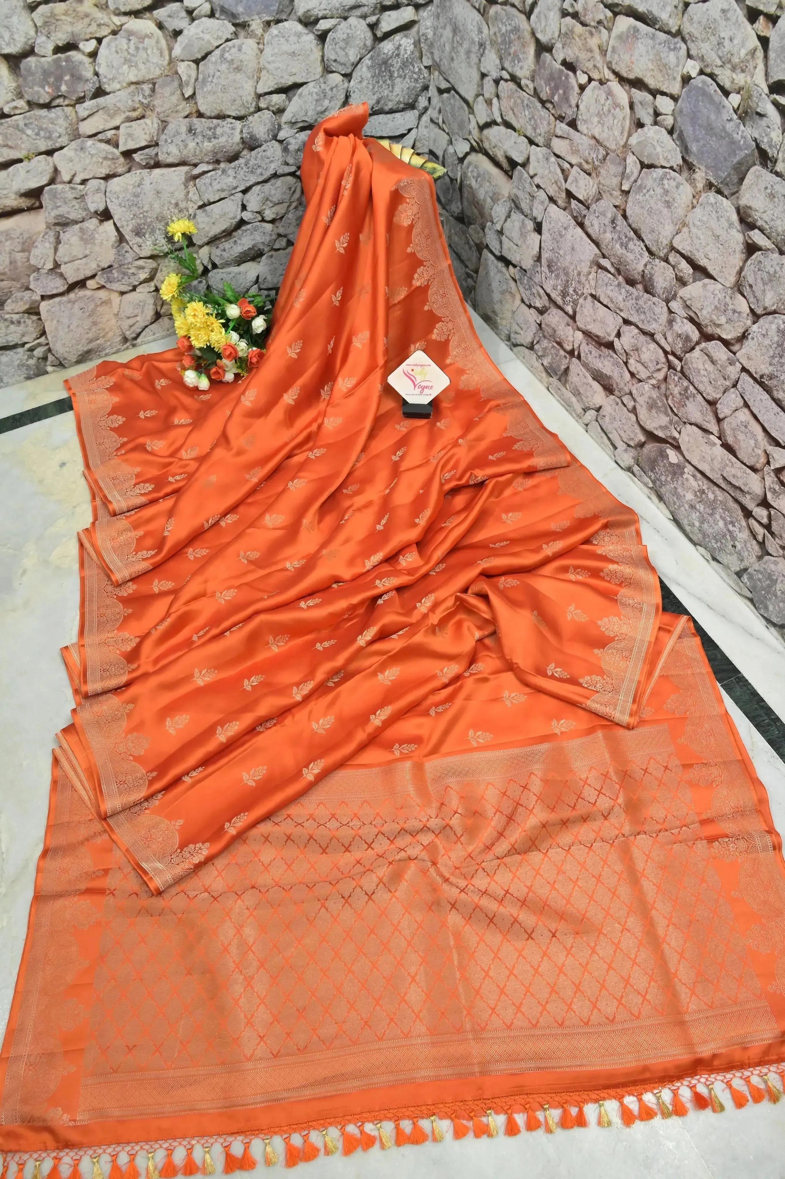 Fire Orange Color Mashru Banarasi Saree with Silver Zari Work