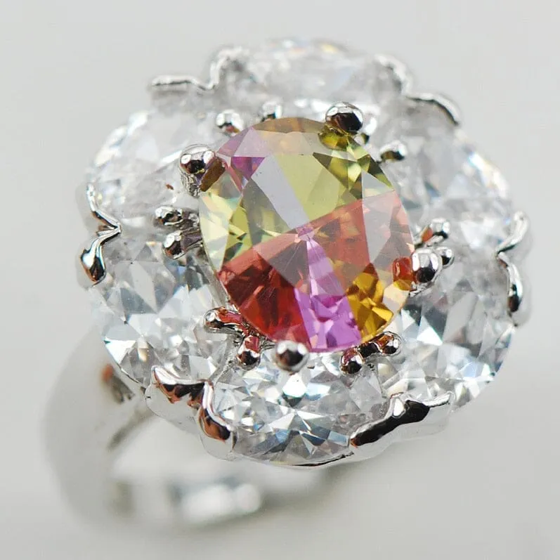 Flower Rainbow Fire Mystic Topaz CZ White Ring - 925 Sterling Silver