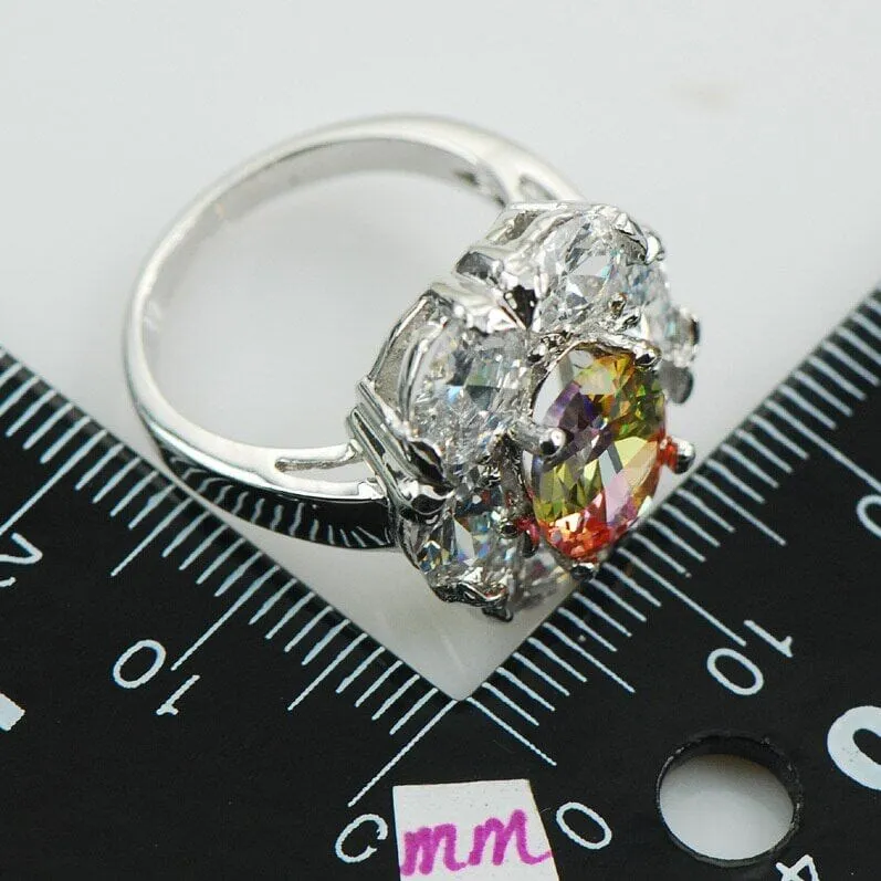 Flower Rainbow Fire Mystic Topaz CZ White Ring - 925 Sterling Silver