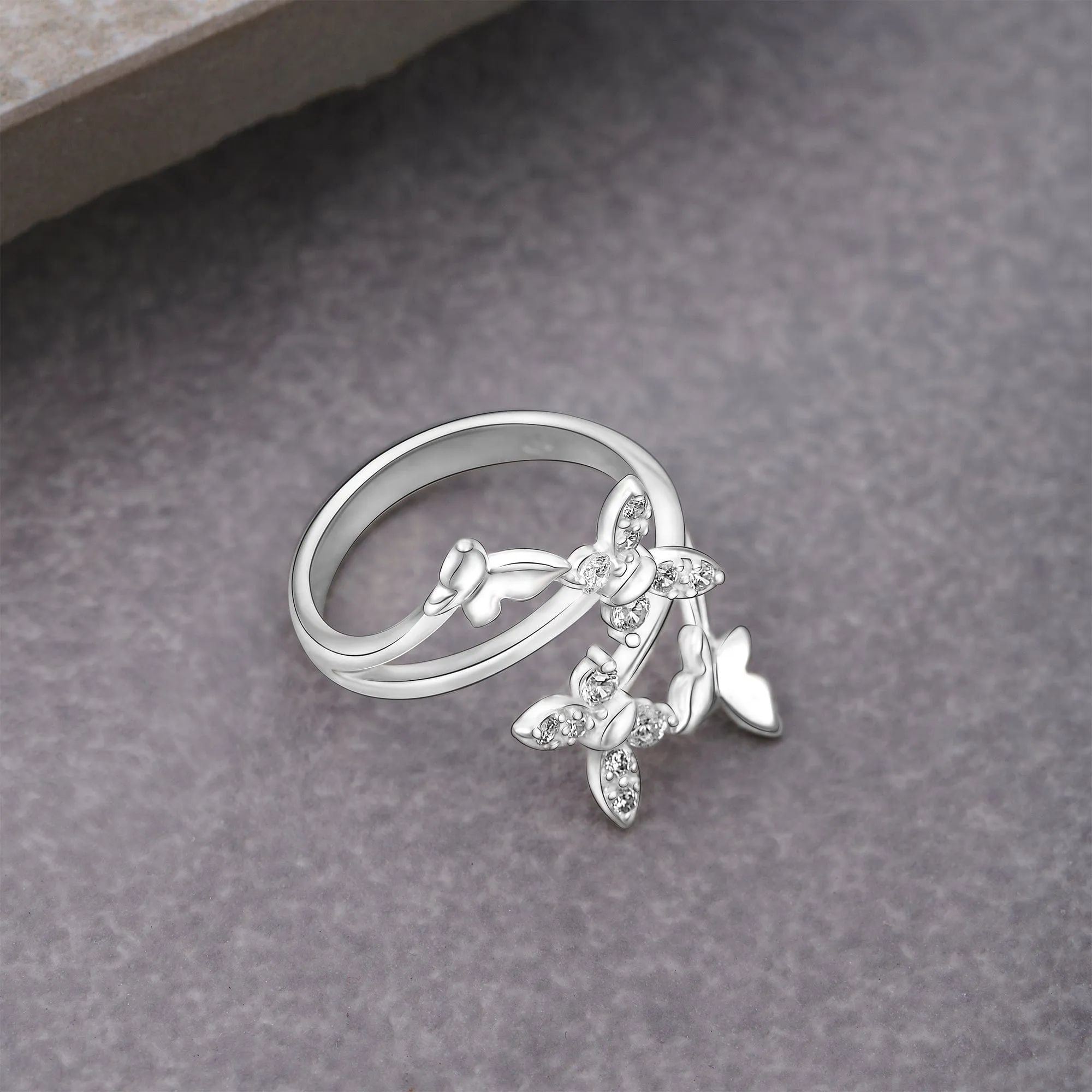 Four Flying Butterfly Ring Silver Adjustable with CZ