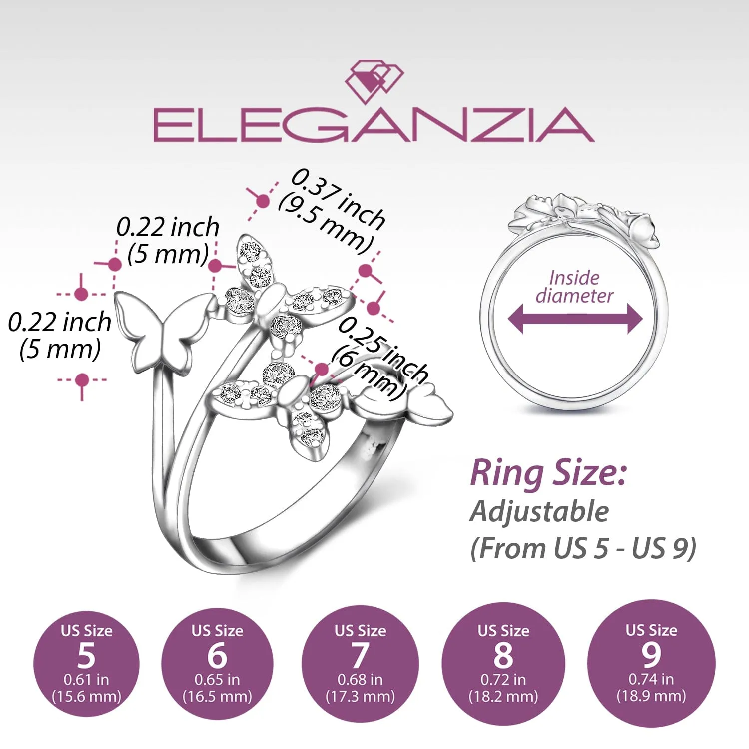 Four Flying Butterfly Ring Silver Adjustable with CZ