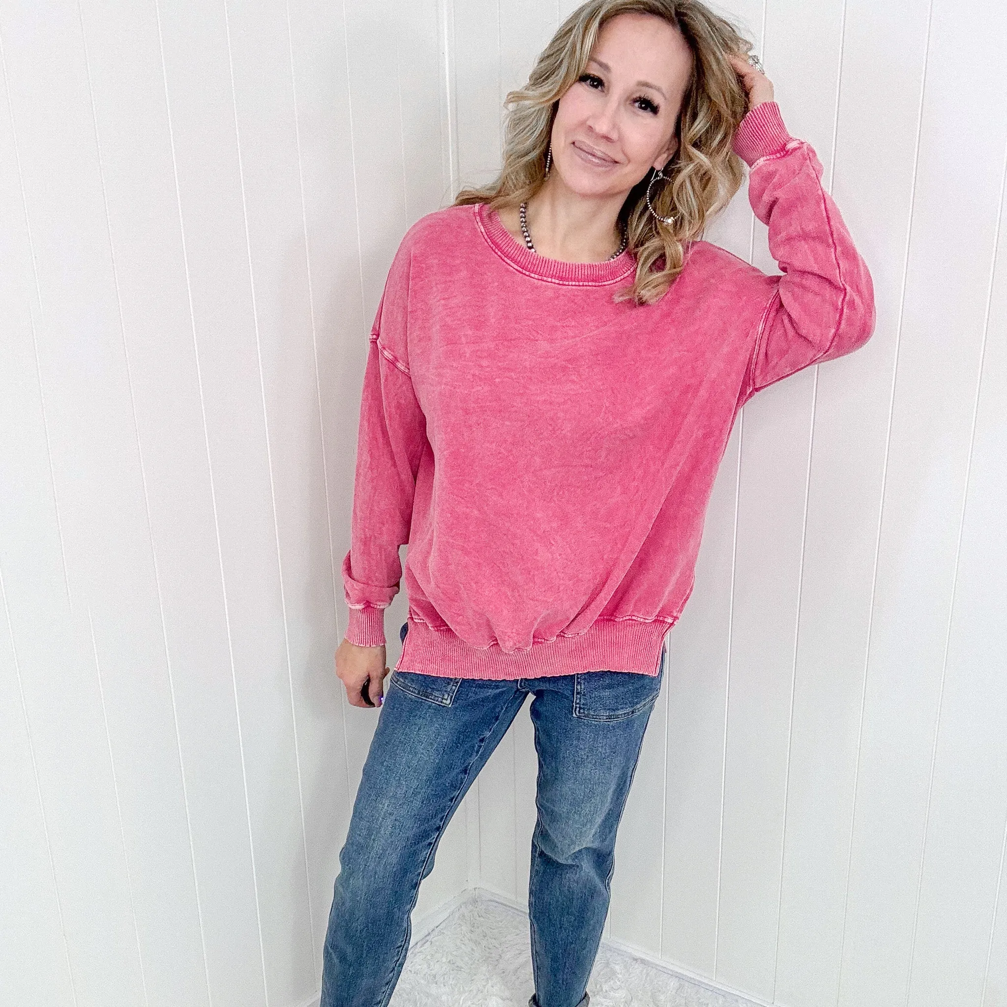 Fuchsia Washed Pullover Top with Side Slits