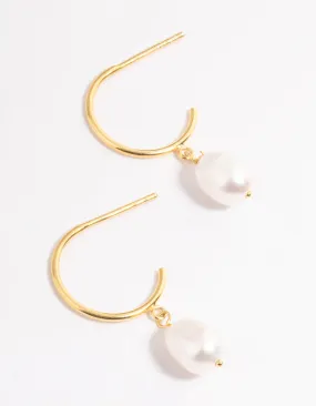 Gold Plated Sterling Silver Pearl Drop Hoop Earrings