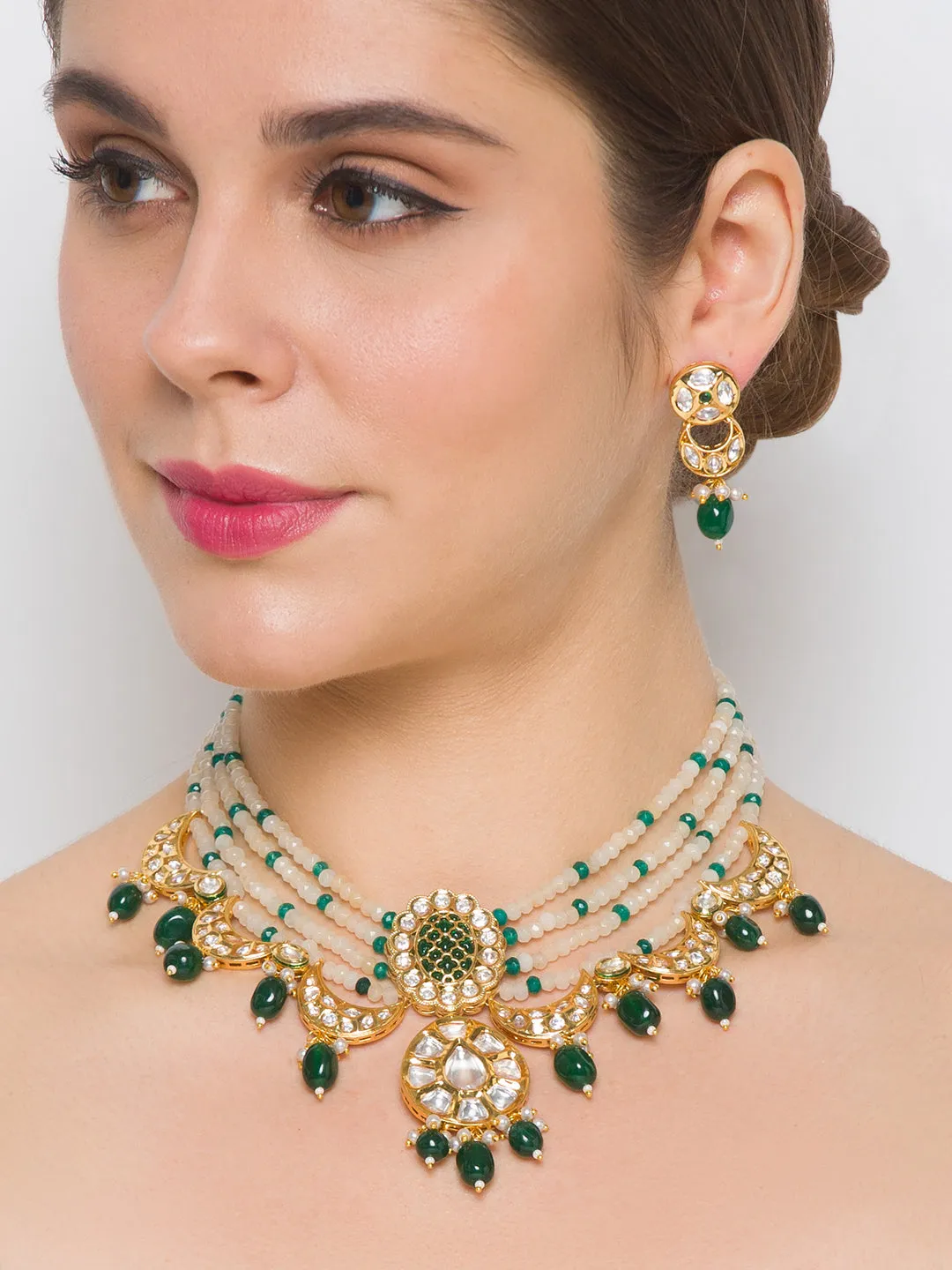 Golden, Crème, Green, Kundan Polki, Necklace Set with Onyx .