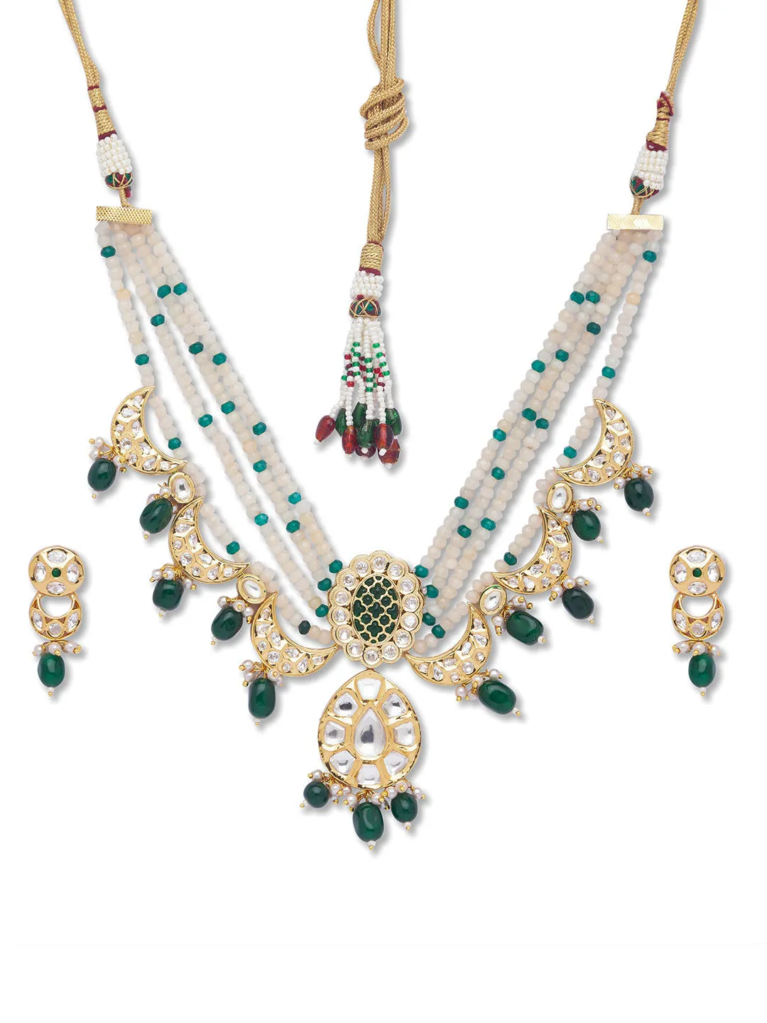 Golden, Crème, Green, Kundan Polki, Necklace Set with Onyx .