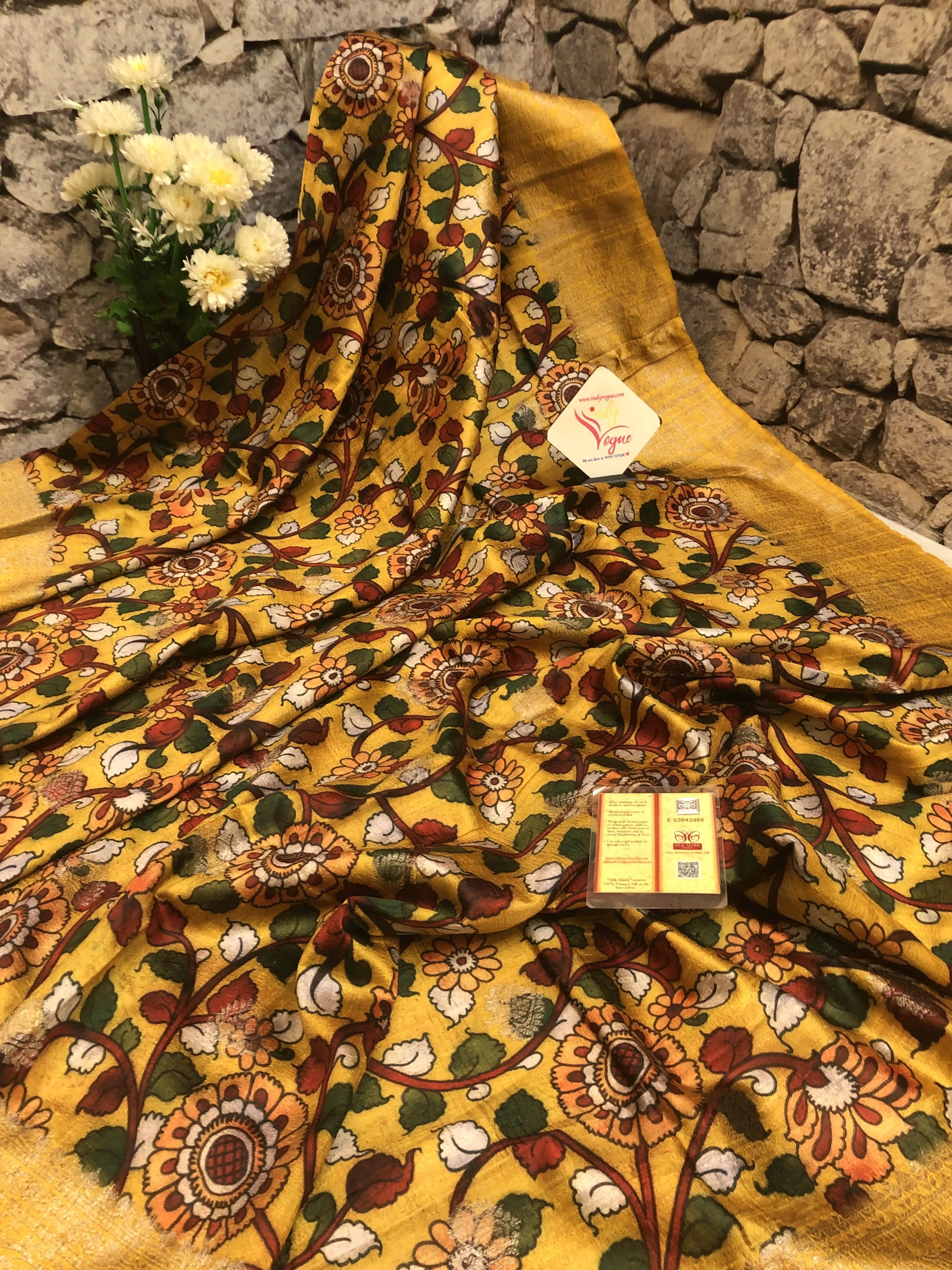 Golden Yellow and Multicolor Tussar Banarasi with Kalamkari Work